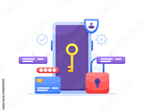 concept of privacy protection and data security on smartphones. screen lock system. mobile access control. payment protection. illustration of smartphone with padlock, shield and debit card. flat