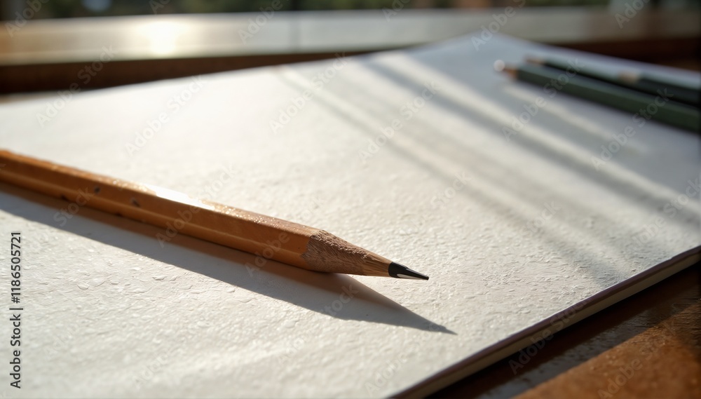 Fototapeta premium Pencil and paper in natural sunlight on a desk