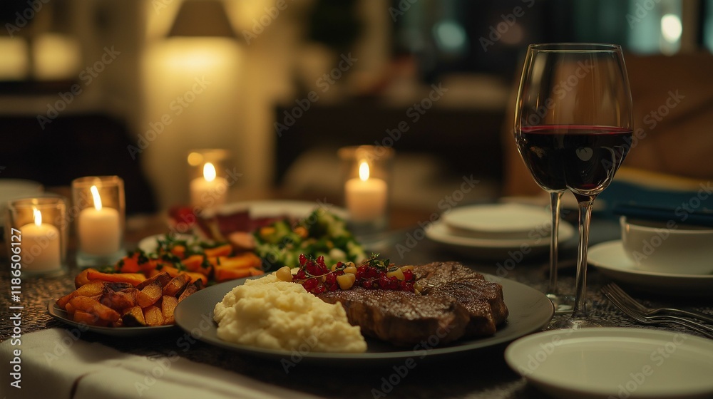 Elegant Valentine’s Day dinner setup with steak, roasted vegetables, and mashed potatoes, paired with a glass of red wine on a modern table Elegant Valentine’s Day dinner setup with steak, roasted vegetables, and mashed potatoes, paired with a glass of red wine on a modern table