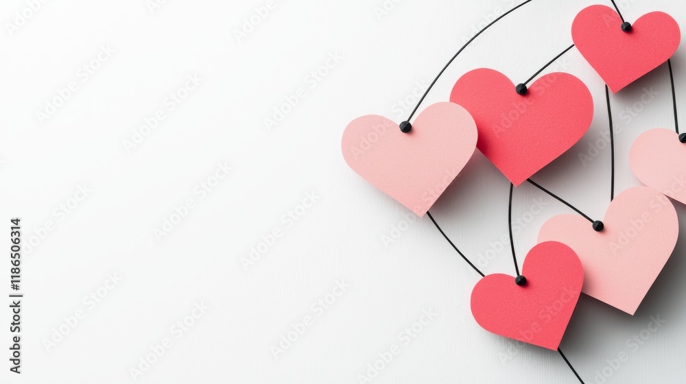 Minimalistic Pink Paper Cut Hearts Design with Connecting Lines on White Background