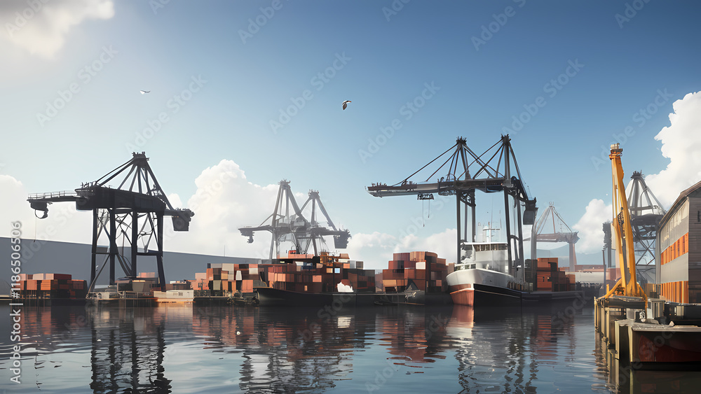 a detailed and realistic image of a harbor environment. a detailed and realistic image of a harbor environment.