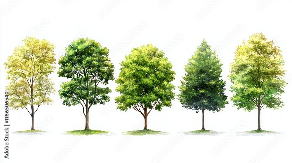 Collection of Five Watercolor Trees Isolated on White Background Collection of Five Watercolor Trees Isolated on White Background