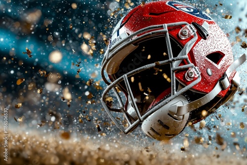 Football helmet flying through the air surrounded by dust and debris during a game moment in an indoor stadium photo