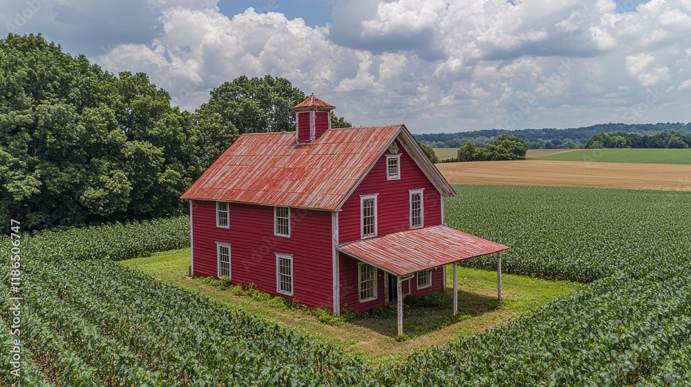 Obraz premium Red barn in a cornfield, aerial view.