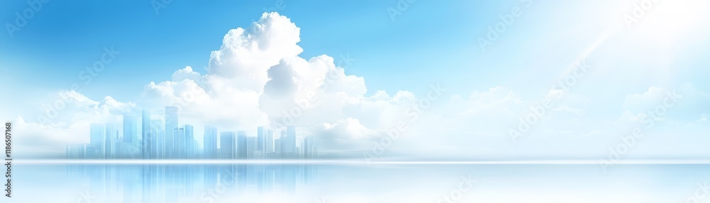 Fototapeta premium Majestic cityscape against a breathtaking cerulean sky dotted with serene, cottonlike clouds.