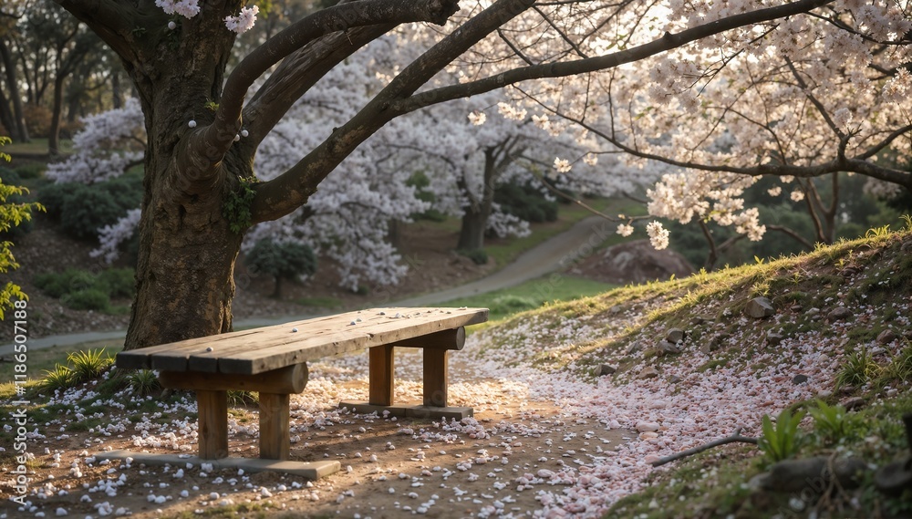 Wooden bench under blooming cherry blossoms in a park Wooden bench under blooming cherry blossoms in a park