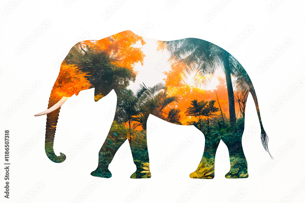 Obraz premium double exposure, elephant silhouette and jungle. World Wildlife Day Poster Design