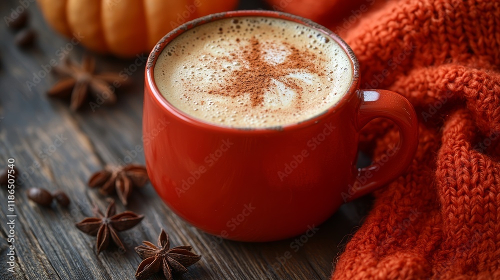 Red mug of autumn spice latte with cinnamon, star anise, coffee beans, pumpkin, and cozy knitted sweater on wooden table. Red mug of autumn spice latte with cinnamon, star anise, coffee beans, pumpkin, and cozy knitted sweater on wooden table.