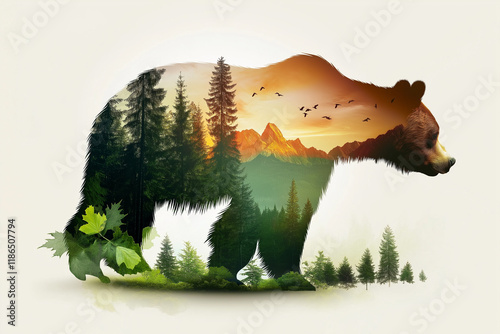 double exposure of a silhouette of a brown bear and a mountain landscape with a mountain river. World Wildlife Day Poster Design photo