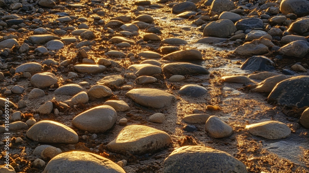 Fototapeta premium Glimmering Stones by Stream at Sunset