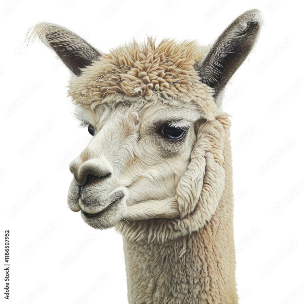 Obraz premium Realistic Portrait of an Alpaca on a Clean transparent background for Creative Projects and Designs