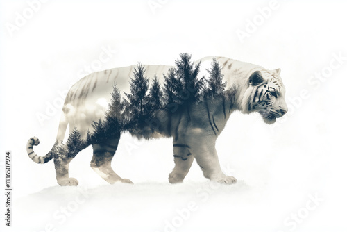 double exposure  silhouette of a white Usuri tiger and blue snowy taiga World Wildlife Day Poster Design photo