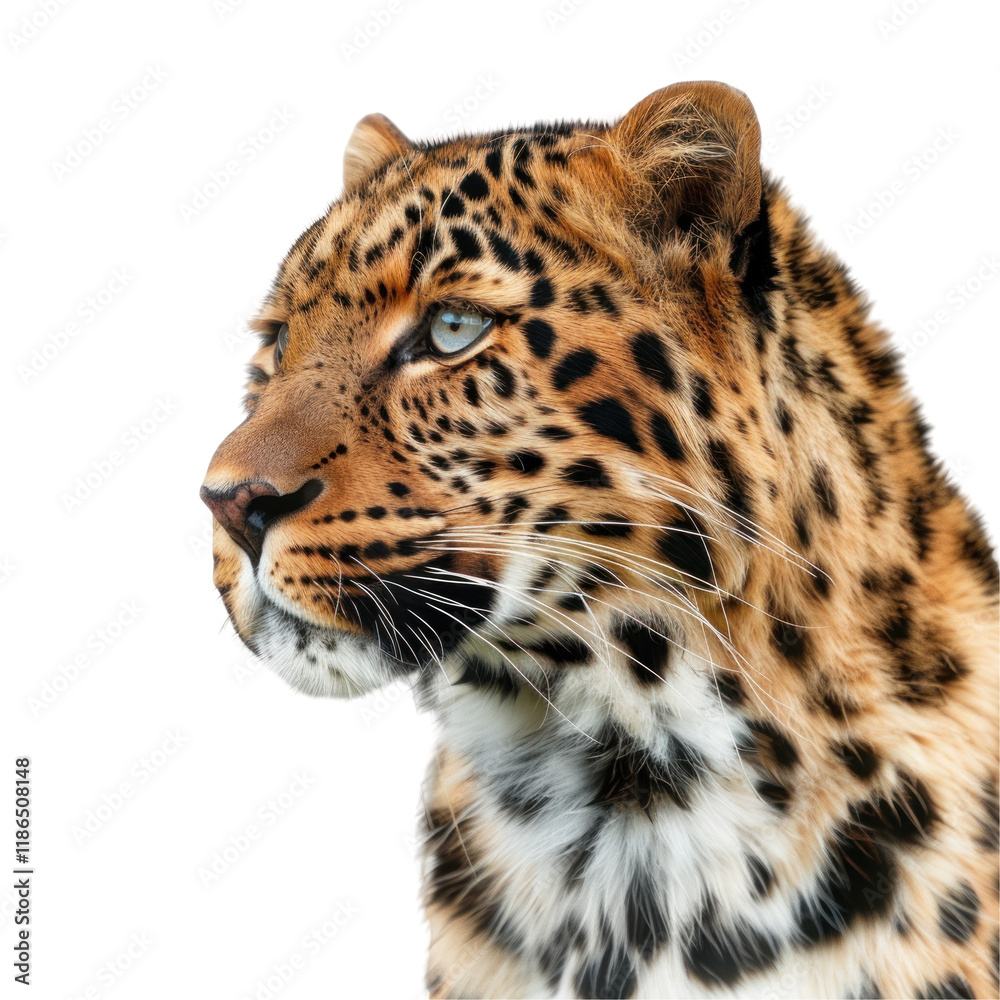 Fototapeta premium Majestic Amur Leopard Portrait on Isolated Clean transparent background