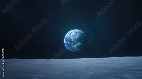Earth Rising Over Moon Horizon in Deep Space with Stars, Realistic Cosmic View of Blue Planet from Lunar Surface