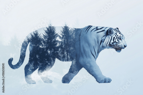 double exposure  silhouette of a white Usuri tiger and blue snowy taiga World Wildlife Day Poster Design