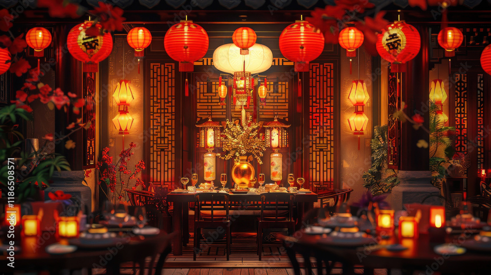 Chinese New Year family dinner, vibrant festival with red and gold lanterns, traditional Chinese architecture, celebratory atmosphere, detailed design elements Chinese New Year family dinner, vibrant festival with red and gold lanterns, traditional Chinese architecture, celebratory atmosphere, detailed design elements