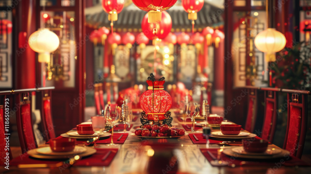 Chinese New Year family dinner, vibrant festival with red and gold lanterns, traditional Chinese architecture, celebratory atmosphere, detailed design elements Chinese New Year family dinner, vibrant festival with red and gold lanterns, traditional Chinese architecture, celebratory atmosphere, detailed design elements