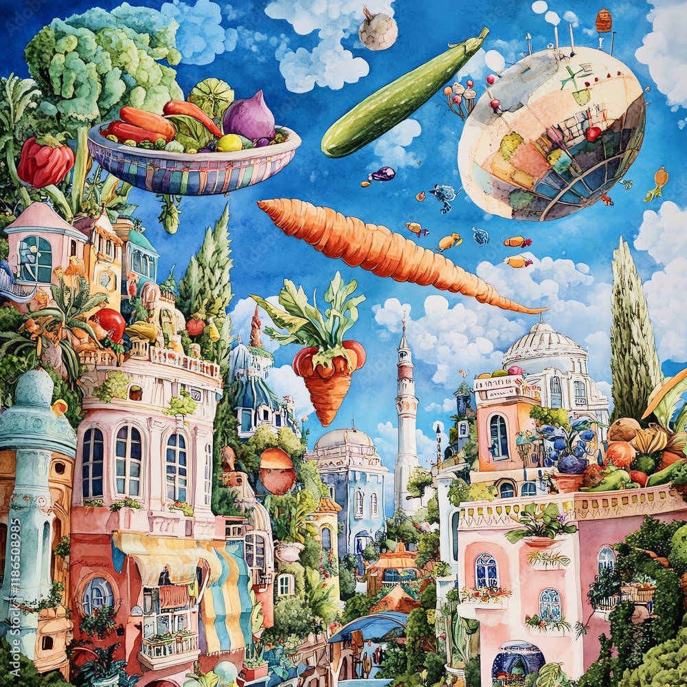 Obraz premium Surreal painting of a whimsical city built from vegetables and fruits floating in the sky. Vibrant colors and fantastical architecture create a dreamlike scene.