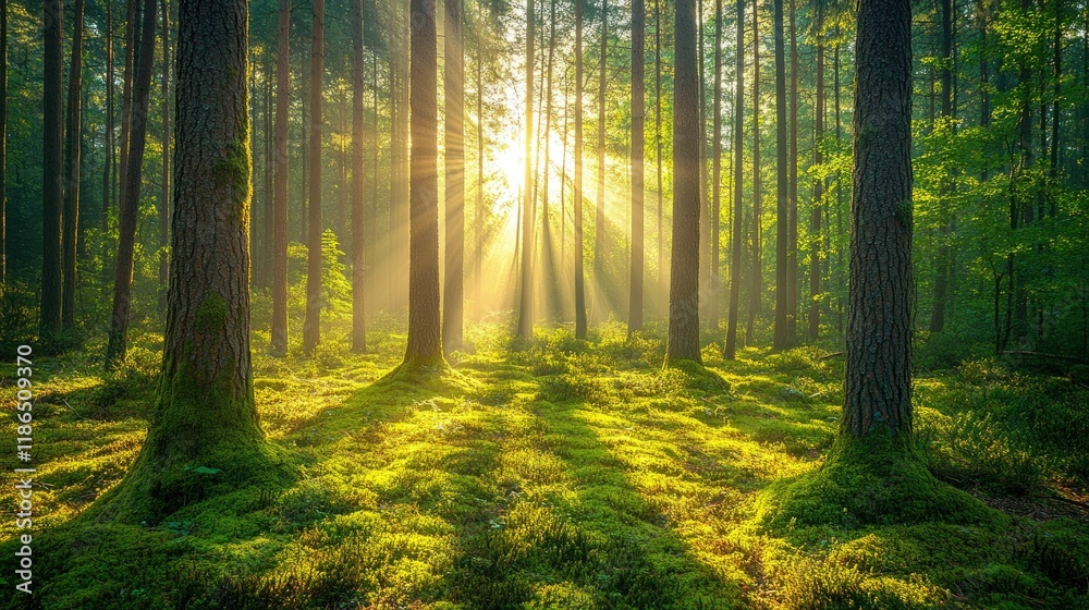 Obraz premium Sunbeams Through the Trees: A Serene Forest Morning