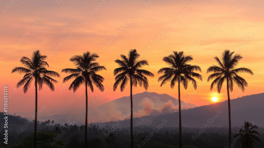 Obraz premium Visual Representations of Wildfire Devastation Theme, Sunset over palm trees with mountain backdrop creates serene atmosphere