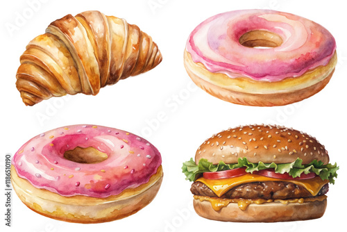 Delicious pastries, colorful donuts, fresh croissant, appetizing burger, watercolor style, food illustration, culinary art.