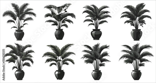 Tropical house palm plant in vase vector silhouette, Decorative palm plant in vase silhouette, Abstract palm tree in vase icon vector, Black silhouette of decorative palm plant in vase 