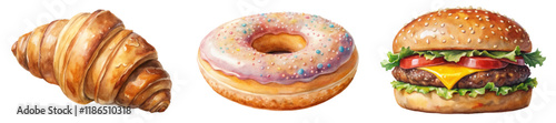 Delicious pastries, colorful donut, gourmet burger, watercolor illustration, food art, appetizing design, culinary delights.