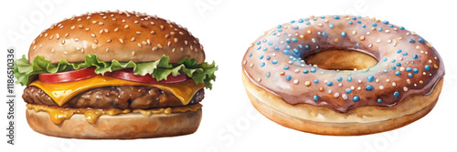 Delicious hamburger and donut, colorful food illustration, fast food style, appetizing dessert, vibrant colors, tempting treats.