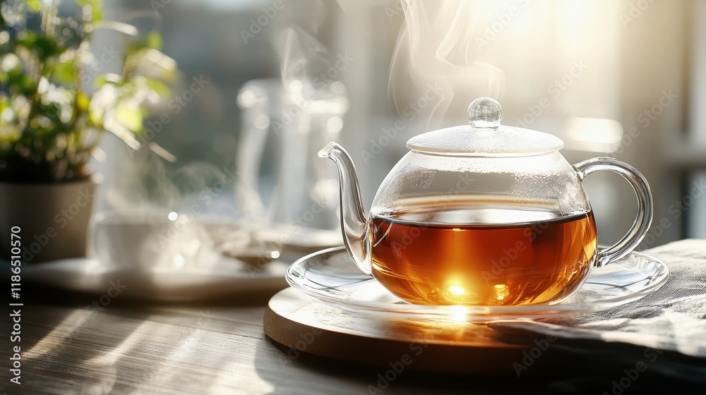 Steaming Glass Teapot in Sunlit Morning Setting Steaming Glass Teapot in Sunlit Morning Setting