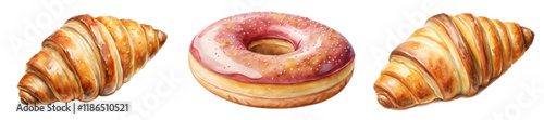 Delicious pastries collection, watercolor illustration, croissant and donut, sweet treats, bakery design, food art.