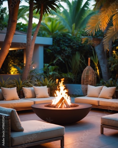 A tropical lounge area with a fire pit and soft lighting for evening relaxation photo