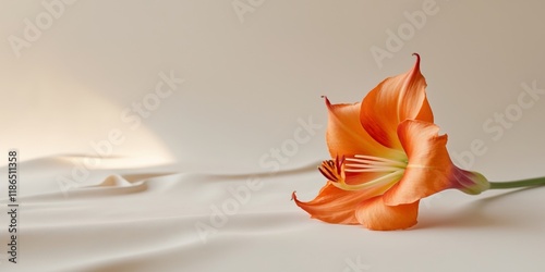 A unique gladiolus in vibrant orange on a light cream backdrop photo