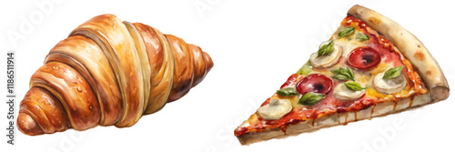 Delicious pastry croissant, vibrant pizza slice, watercolor illustration, food art, culinary delight, breakfast and lunch.