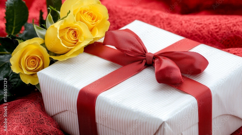 Vibrant Red Background with Yellow Roses and a Beautifully Wrapped Gift Box Vibrant Red Background with Yellow Roses and a Beautifully Wrapped Gift Box