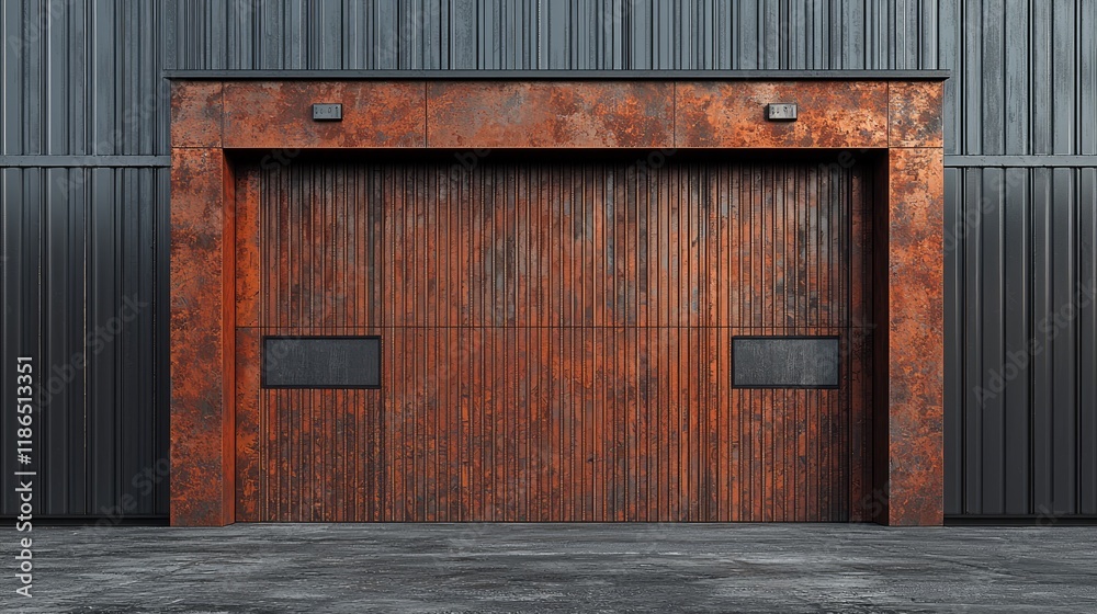 Rusty metal industrial garage door on dark gray building.