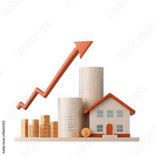 3D Mockup of Real Estate Growth with Coins and Arrow