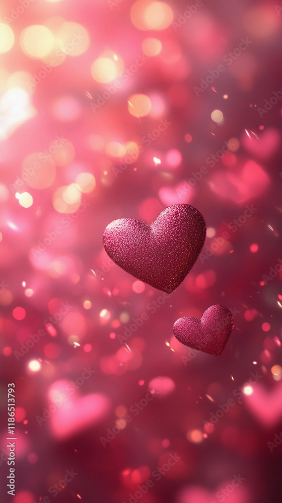 Blurred soft pink and red heart bokeh lights glowing gently, ideal for love-themed visuals, book illustration style