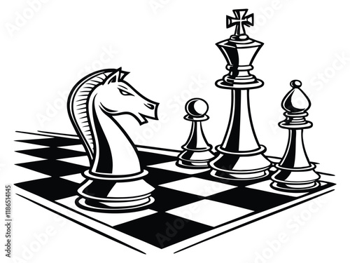 Artistic chessboard with knight, king, bishop, and pawn in vector art