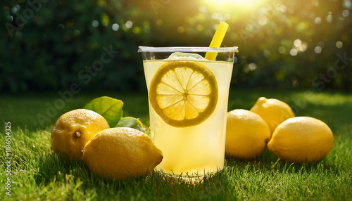 a tumbler of lemonade is sitting at the grass subsequent to a gaggle of lemons wellbeing