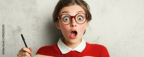 shocked girl student reading a book in surprise, holding a pen, wearing glasses, red sweater, white shirt, neutral background, expression of amazement and curiosity, educational setting