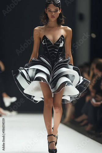 Fashion model on runway in black and white net dress advanced materials modern design factious model and creation's  photo