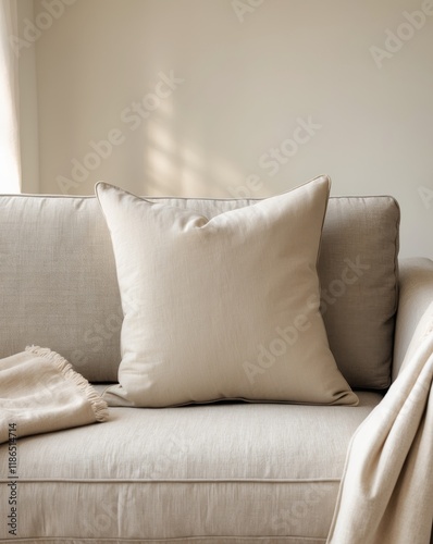 Beige Pillow Rests on Neutral Sofa with Throw photo