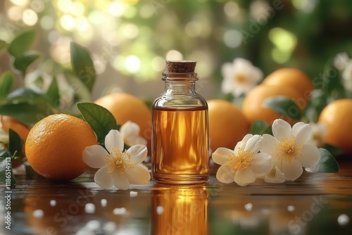 organic neroli essential oil bottle arrangement with fresh orange blossoms and vintage aromatherapy tools on rustic wooden surface in natural light