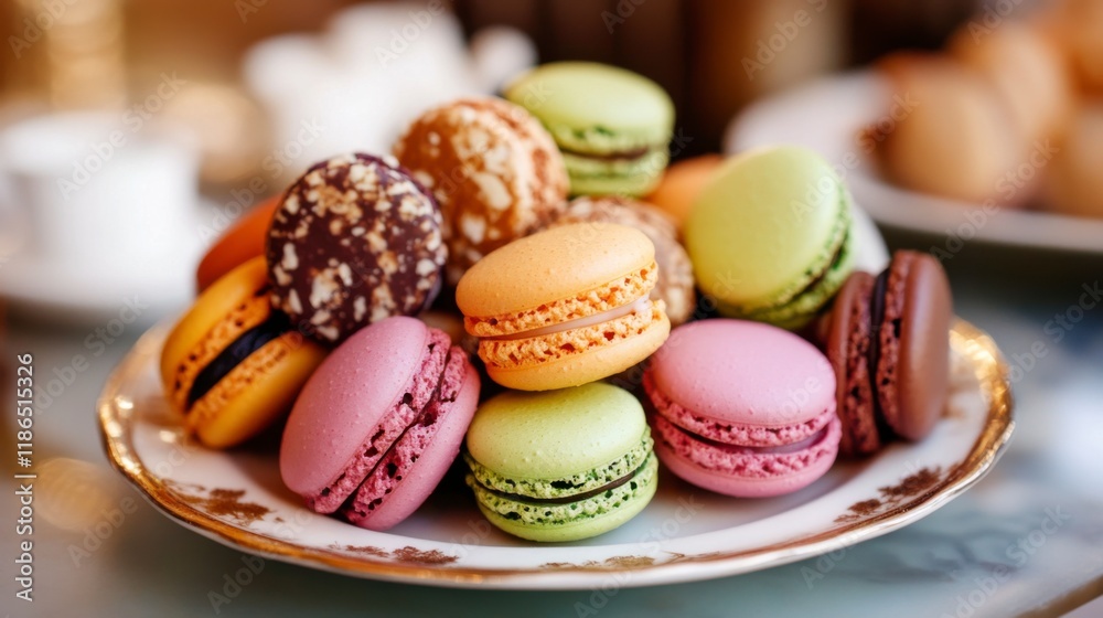 Sweet Indulgence: A vibrant and tempting array of macarons in a variety of colors and flavors are arranged on a delicate white plate, promising a delightful and decadent treat. Sweet Indulgence: A vibrant and tempting array of macarons in a variety of colors and flavors are arranged on a delicate white plate, promising a delightful and decadent treat.