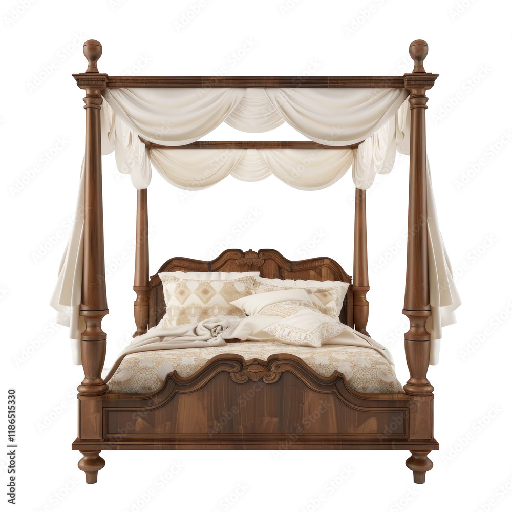 Elegant Four-Poster Bed with Cream Drapes on Clean Isolated transparent background for Interior Design Projects Elegant Four-Poster Bed with Cream Drapes on Clean Isolated transparent background for Interior Design Projects