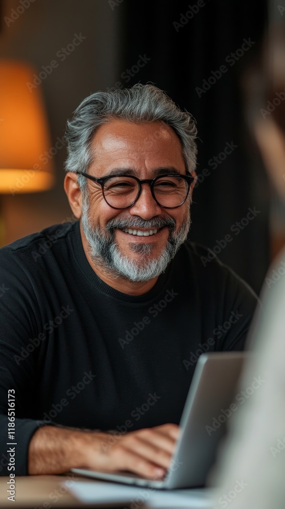 Happy Hispanic man and his financial advisor using laptop during meeting in office. Generative AI Happy Hispanic man and his financial advisor using laptop during meeting in office. Generative AI