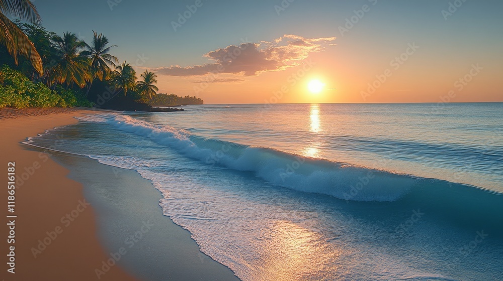 Obraz premium Tranquil morning beach sunrise with golden horizon and calm waves