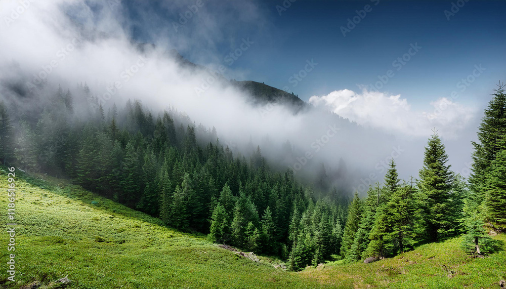 forested mountain slope in low lying cloud forested mountain slope in low lying cloud
