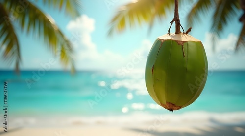 Fresh green coconut hanging from palm tree branch with ocean and tropical sky background. Dew drops on smooth surface