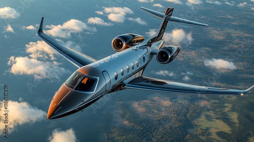 Luxurious private jet soaring above pristine clouds in clear blue sky